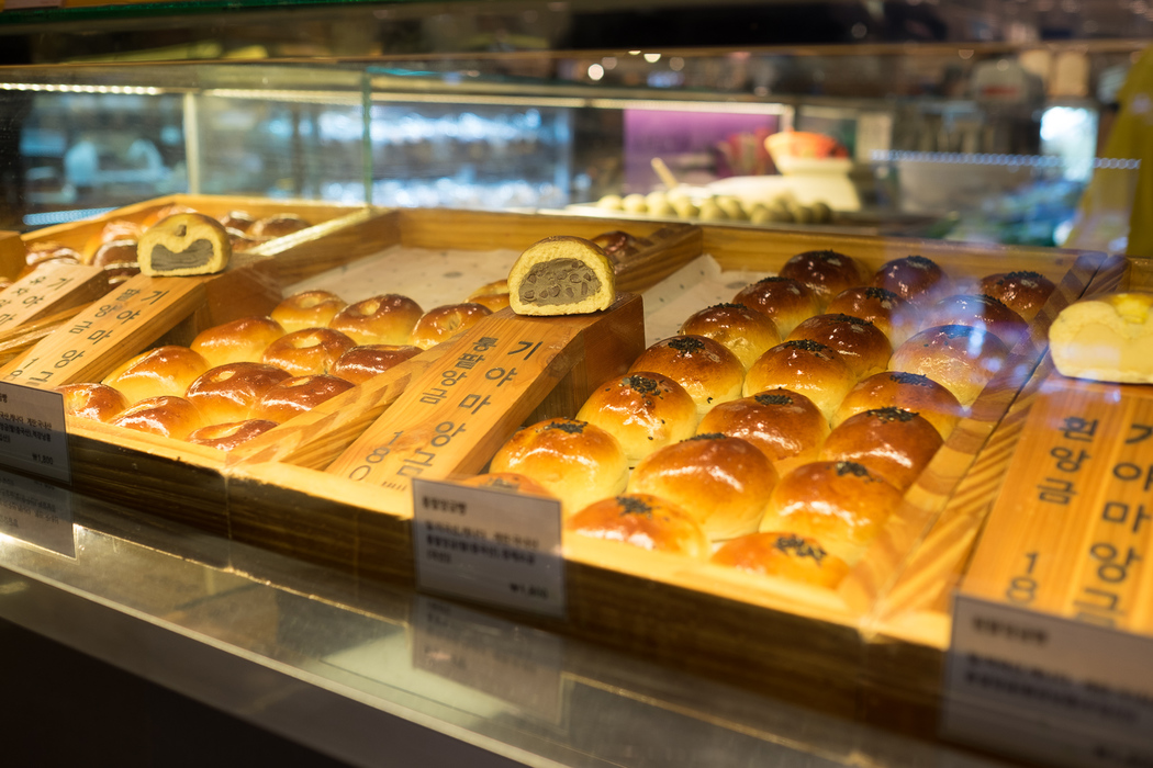 Sweet, bean paste-filled buns for sale in the food hall, Hyundai department store, Seoul.