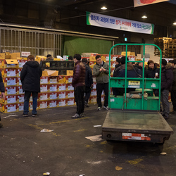 Potential buyers examine fruit before the beginning of an auction inside the Garak market.