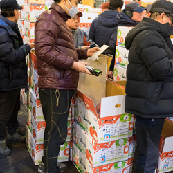 Buyers enter their bids on hand-held electronic devices at a fruit auction inside Garak Market, Seoul.