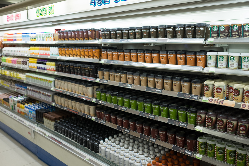 Iced coffee is hugely popular in Korea; this is a small convenience store's range.