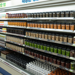 Iced coffee is hugely popular in Korea; this is a small convenience store's range.