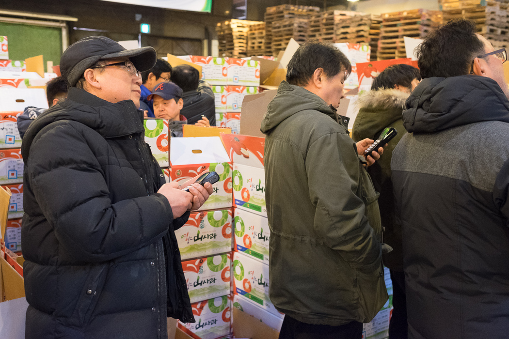 Buyers enter their bids on hand-held electronic devices at a fruit auction inside Garak Market, Seoul.