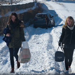 Giving up on the car, stuck in the snow, on the road up to the apple farm.