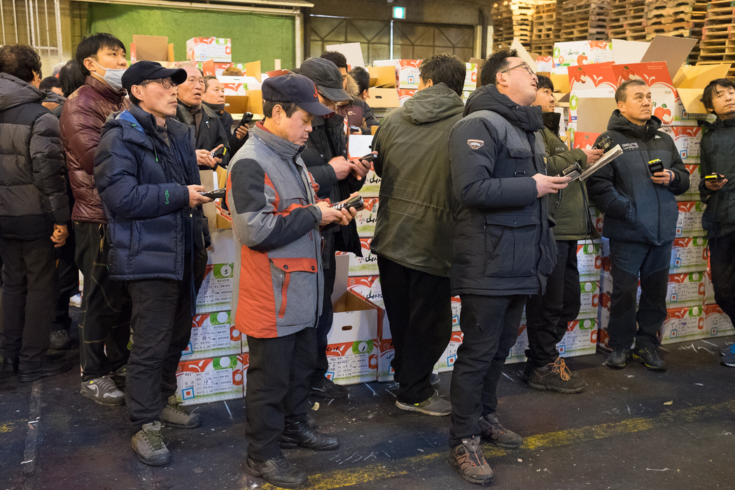 Buyers enter their bids on hand-held electronic devices at a fruit auction inside Garak Market, Seoul.