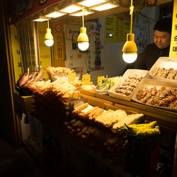 A streetfood stall selling tempura fish and vegetables, Sokcho.