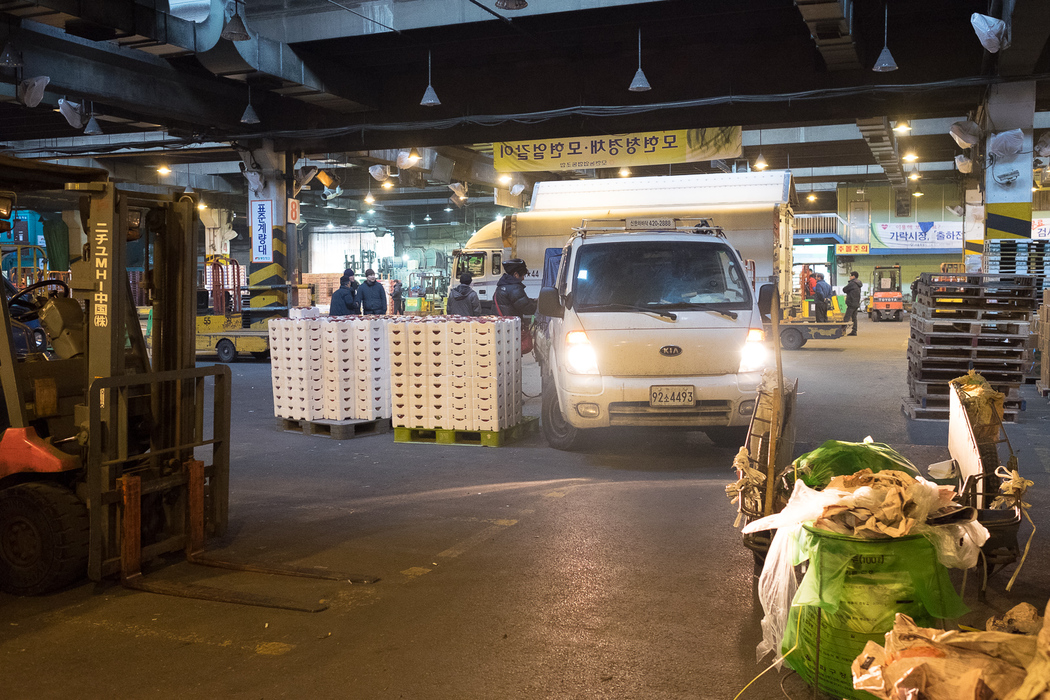 A lorry makes a delivery of fruit at Garak market.