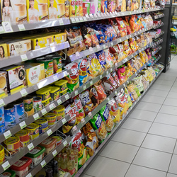 Crisps and snacks in a convenience store.