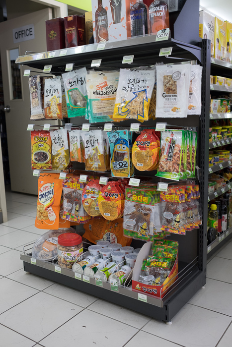 Dried fish snacks in a convenience store.