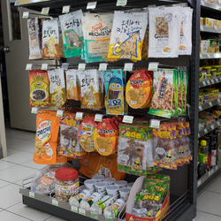 Dried fish snacks in a convenience store.