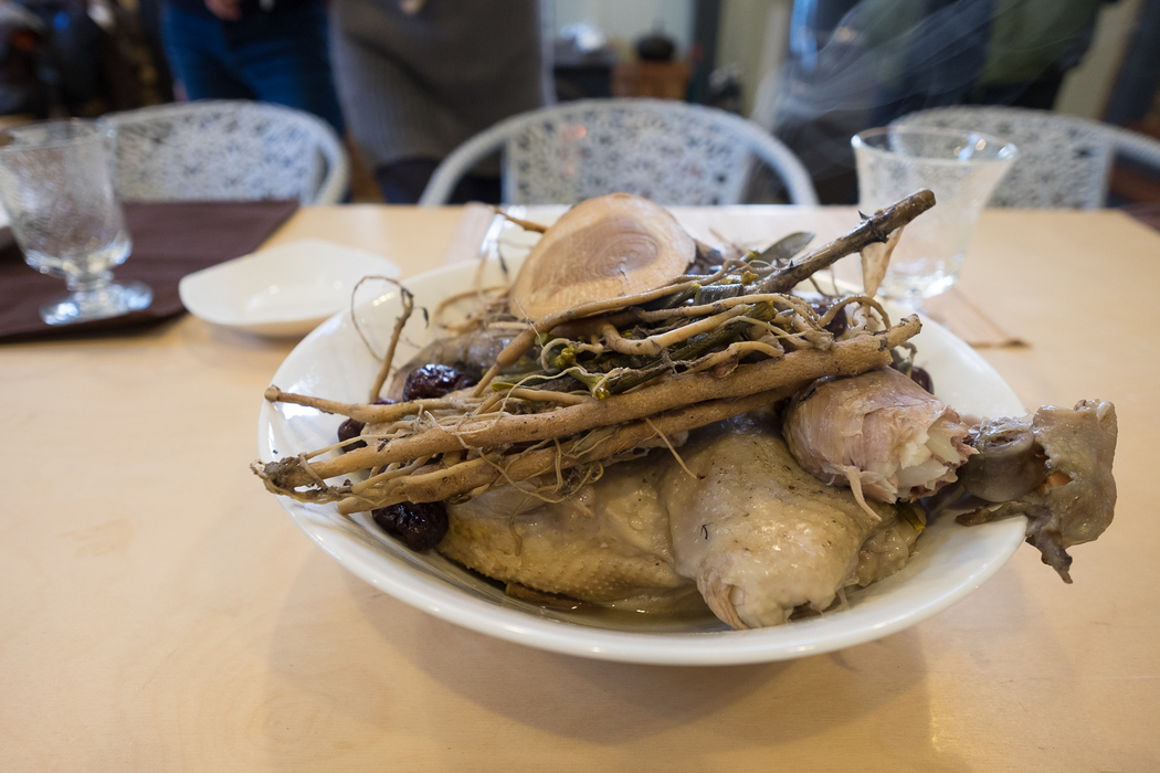 Chicken stew, cooked with many different types of wood in order to imbue flavour. Mr. and Mrs. Kim's house.